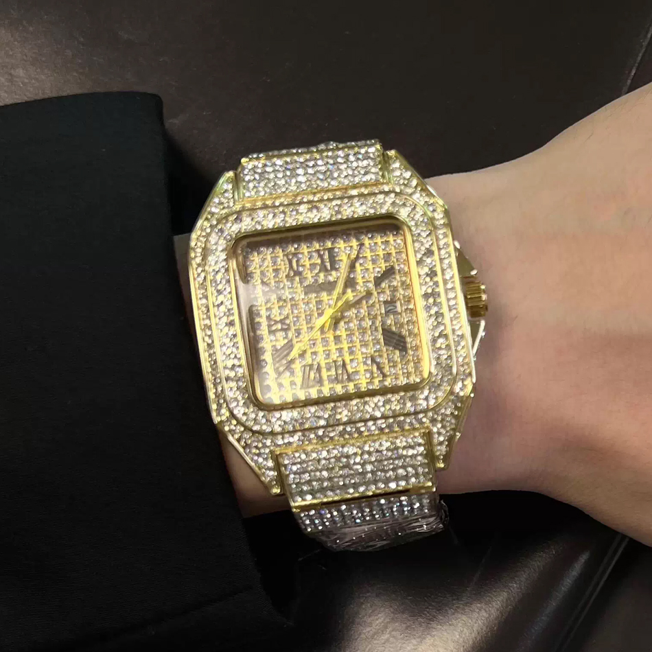 Montre carrée Ice Out dorée ou - Luxury Watch Gold And Black avis et prix